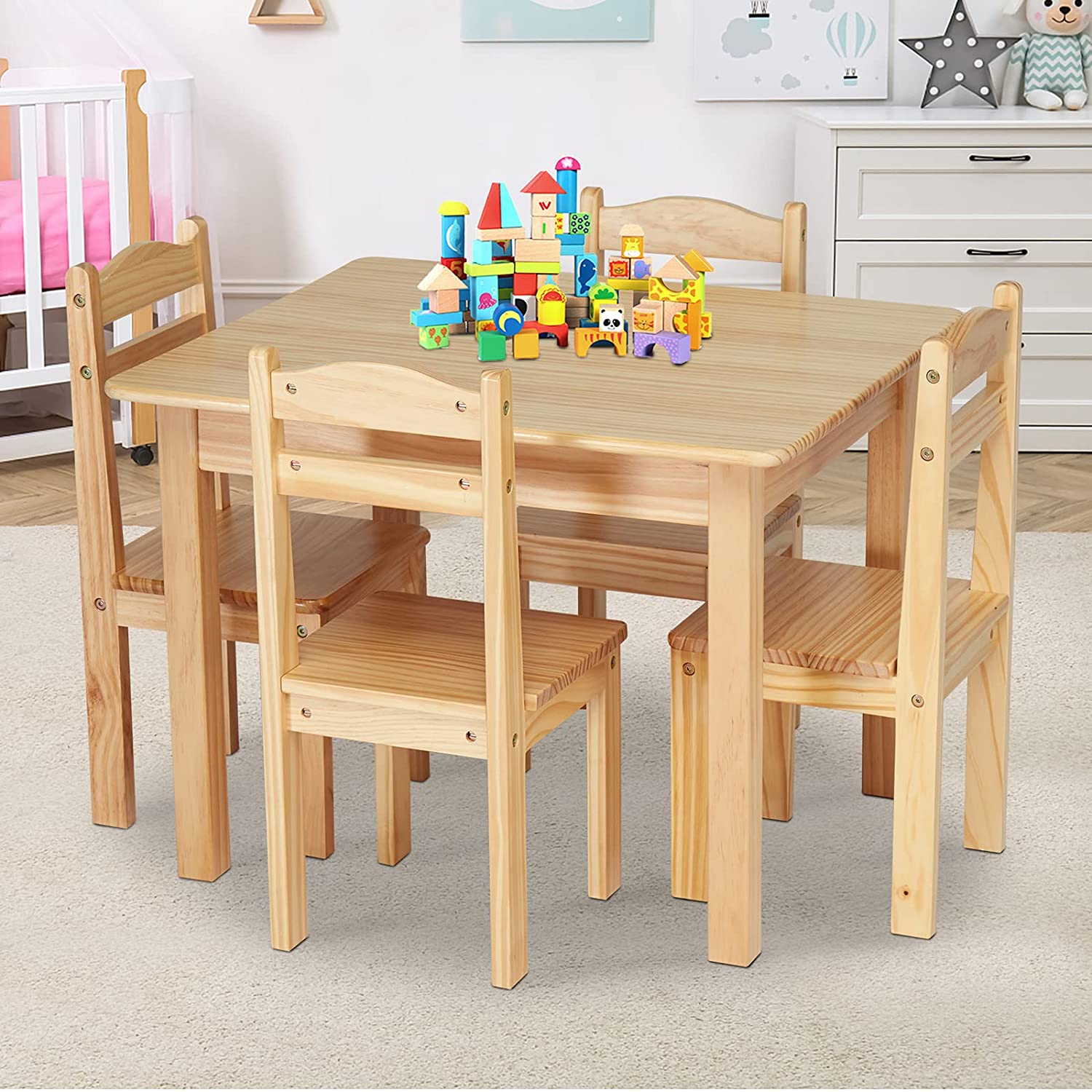 Kids Wooden Table and 4 Chairs Playroom Furniture Kindergarten Table