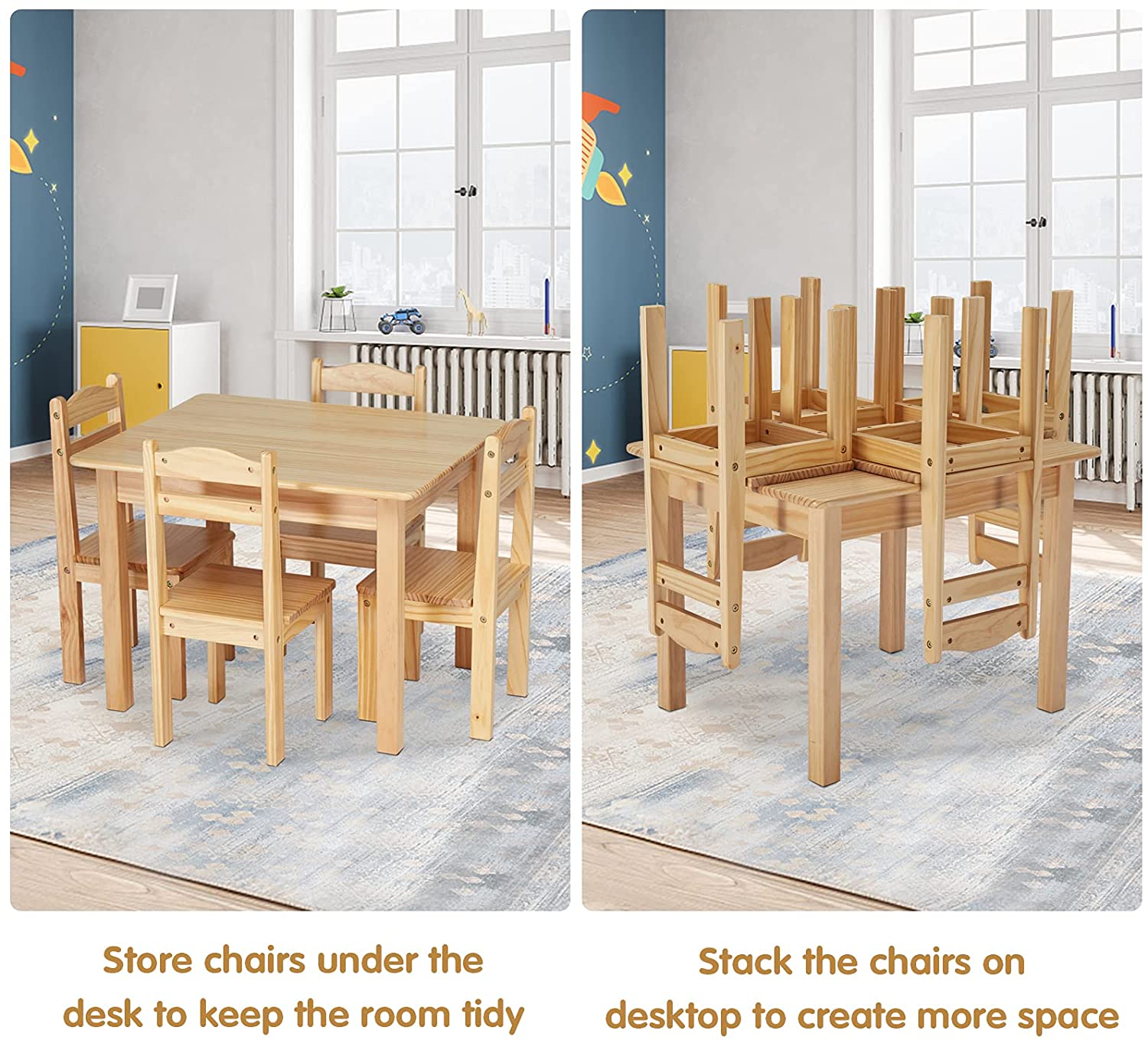 Kids Wooden Table and 4 Chairs Playroom Furniture Kindergarten Table